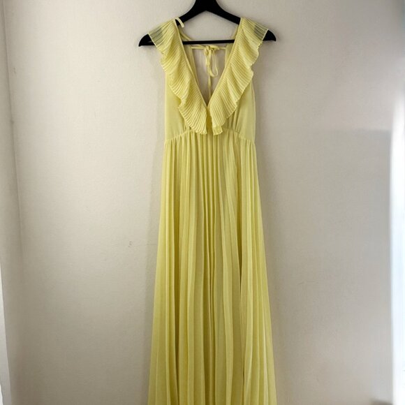 Zara yellow pleated ruffle plunge V-neck maxi dress - Picture 2 of 6